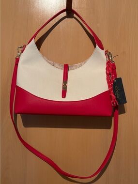 Crossover Two-Tone Red & White Cotton Canvas Shoulder Bag With Charms NWT